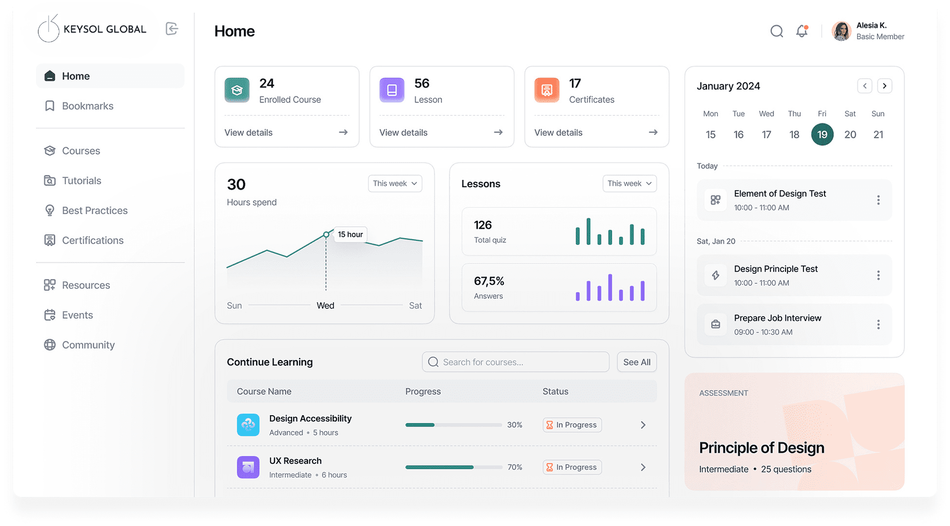 A clean, modern digital dashboard showing analytics for a user's progress, including enrolled courses, lessons, hours spent, and an upcoming calendar of tests and events.