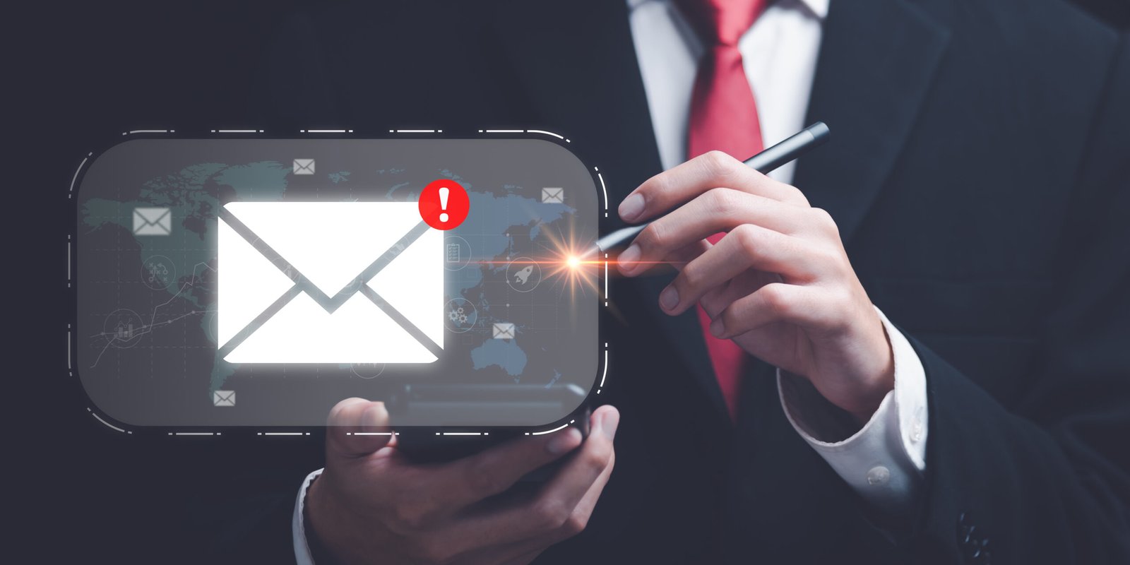 A man in a business suit holding a smartphone with a glowing email envelope icon on the screen, symbolizing targeted email marketing.